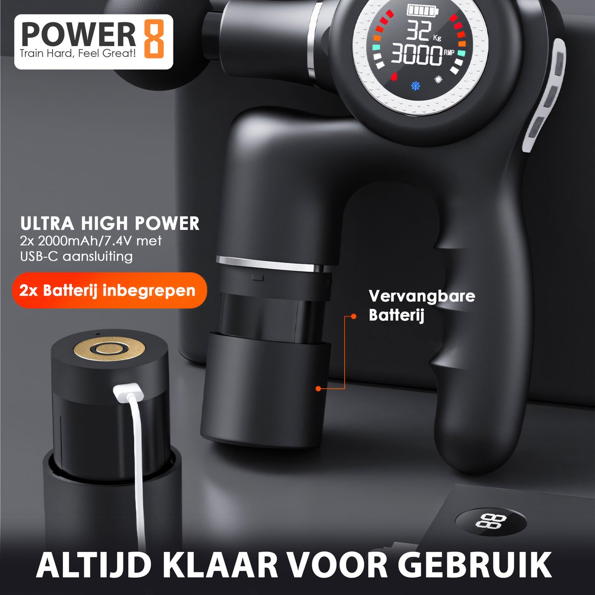 Afbeelding 3 van Power-8® Professioneel Massagepistool voor Sporters & Fysiotherapie – Druksensor – 8 Koppen – Warm & Koud Compress – Spierherstel & Diepe Massage - kerstcadeau