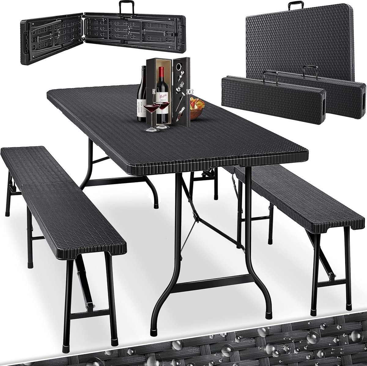 FurnStar - Tuintafel - opvouwbare tafelset 73 x 180 x 75 cm - 2 x borrelbanken 1 x tafel - tuintafel met inklapbaar handvat - Rotan-look