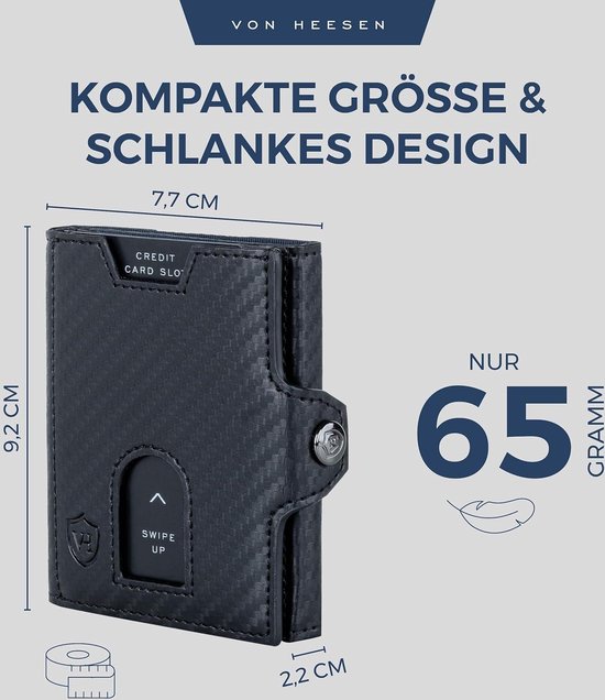 Luxurizz Slim Wallet in carbon-look van echt zwart leer – Portemonnee met muntvak & RFID-bescherming – Praktische kaarthouder met slider – Carbon heren- & damesportemonnee voor 10 kaarten