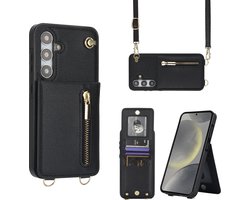 Geschikt Voor Samsung Galaxy S24 Plus Hoesje Met Koord - Solidenz S24 Plus Wallet Case Cover - Backcover Met Koordje - Cord Case - Lanyard - Hoesje S24 Plus - S24+ - Zwart