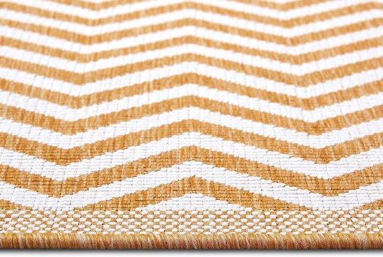 Tapis réversible tissé plat design géométrique pour intérieur et extérieur - Oeko-Tex, résistant aux intempéries, résistant aux UV - ocre - 80 x 250 cm