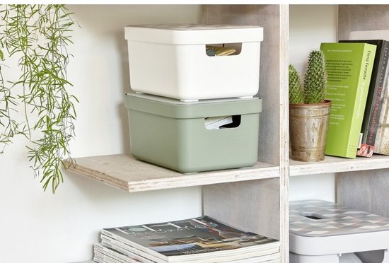 Witte en groene opbergboxen gestapeld op een plank, naast een cactus en boeken.