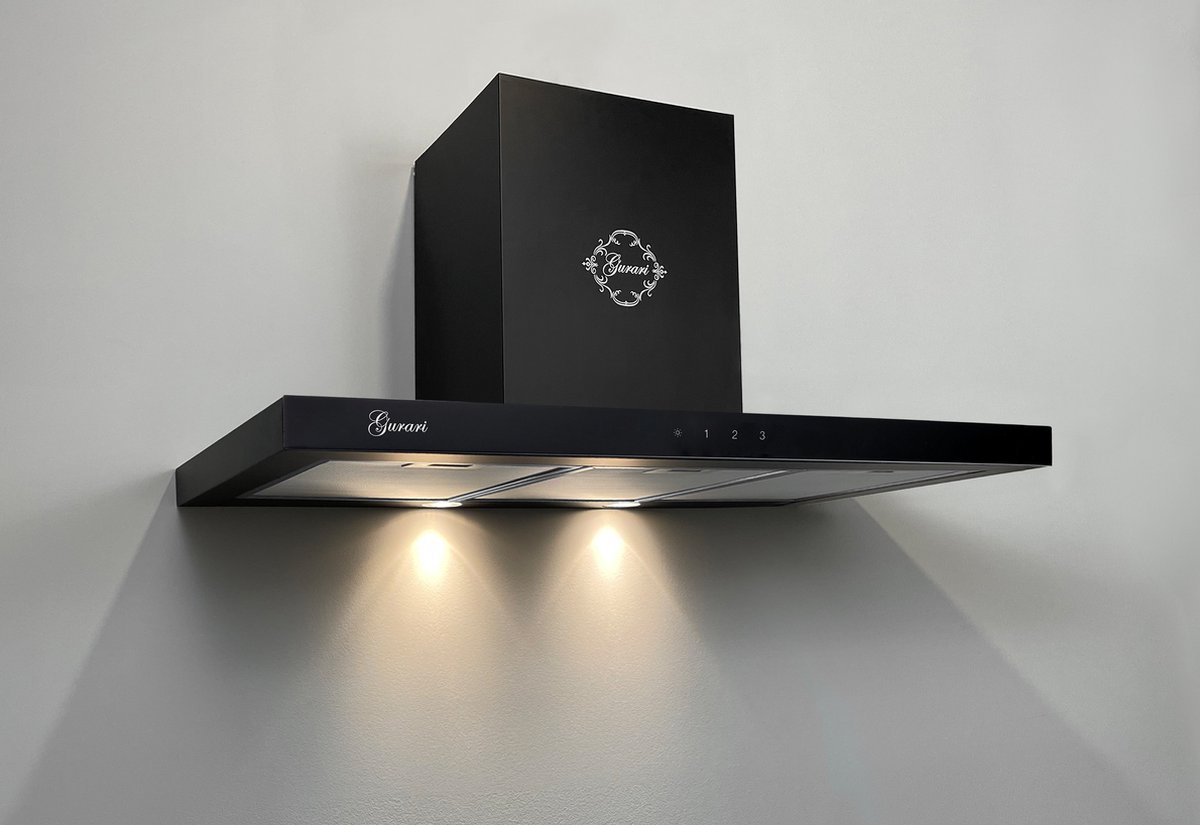 GURARI Wandafzuigkap GCH 462 BL 9 Prime, Afzuigkap 90cm, zwart glas, EEK A, 1000m³/h