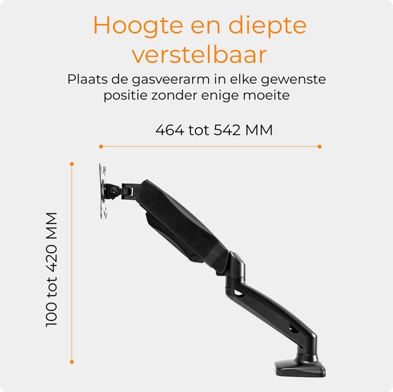 Zwarte gasveer monitorbeugel, hoogte verstelbaar van 100 tot 420 MM, diepte van 464 tot 542 MM.
