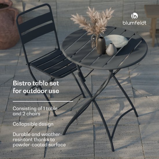 Blumfeldt Salon de Jardin Retrochic - Table + 2 Chaises 60 cm - Pliable - Anthracite