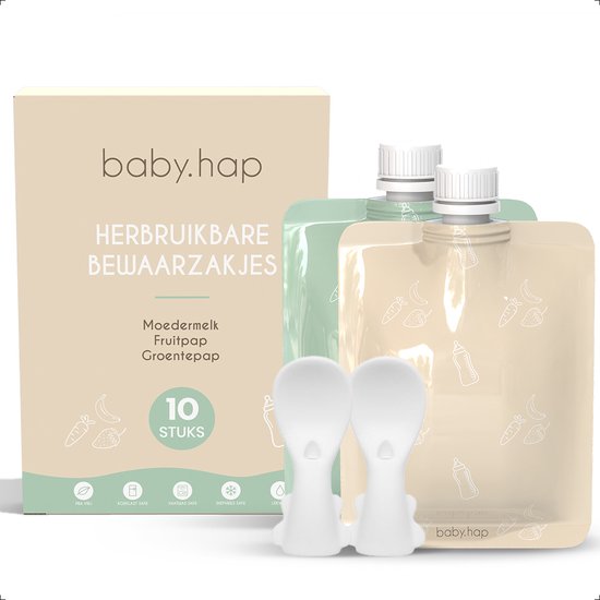 Foto: Baby hap herbruikbare moedermelk bewaarzakjes 10 stuks borstvoeding zakjes fruithapje bewaarzakje groentehapje bewaarzakje met 2x bijhorende siliconen lepel 200 ml bpa vrij 