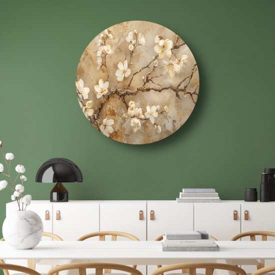 Cercles muraux fleuris - Cercle mural nature - Peinture ronde Branches - Tableaux modernes - Cercles muraux - Oeuvres peinture cercle mural aluminium 60x60 cm