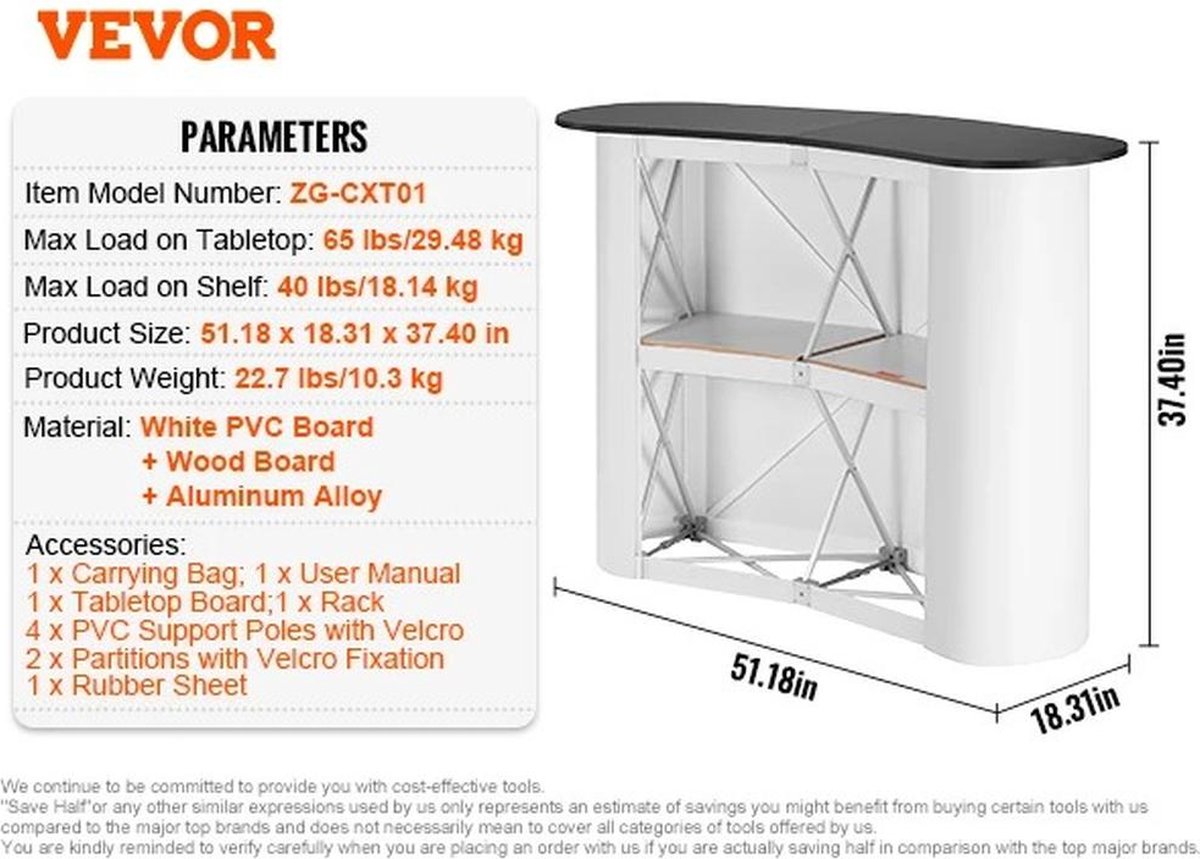 draagbare beursbalie, 785 x 380 x 1815 mm beursstand, opvouwbare promotionele bartafel voor de detailhandel, receptiestand met opbergplank, draagtas | NL