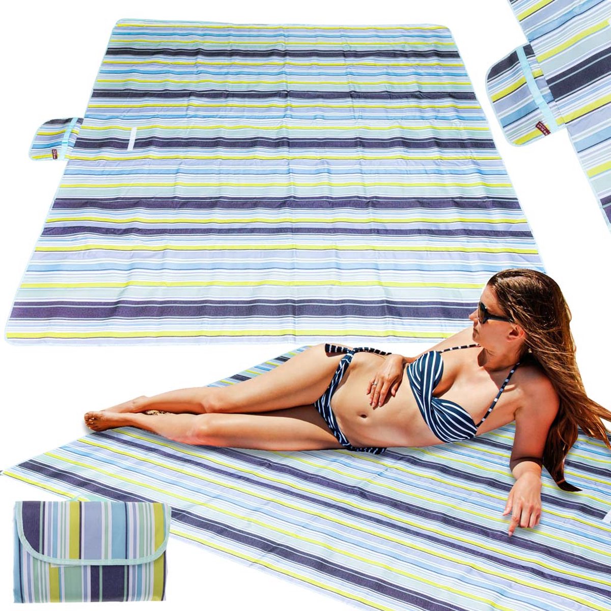 MOZY - Strandlaken - Blauw - 200 x 200 cm - Waterdicht - Draagbaar - Picknickkleed - Picknickdeken - Buitenkleed - Stranddeken - Badhanddoek