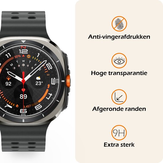 Nomfy screenprotector: anti-vingerafdrukken, hoge transparantie, afgeronde randen, 9H extra sterk voor Samsung Galaxy Watch Ultra.