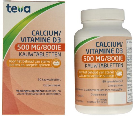 Teva Calcium/Vitamine D3 500 MG/800IE Kauwtabletten doos en pot. Tekst: Calcium/Vitamine D3 500 MG/800IE Kauwtabletten, Voor het behoud van sterke botten en soepele spieren.