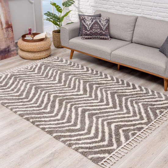Canapé gris dans un salon avec un tapis à chevrons gris et blanc.