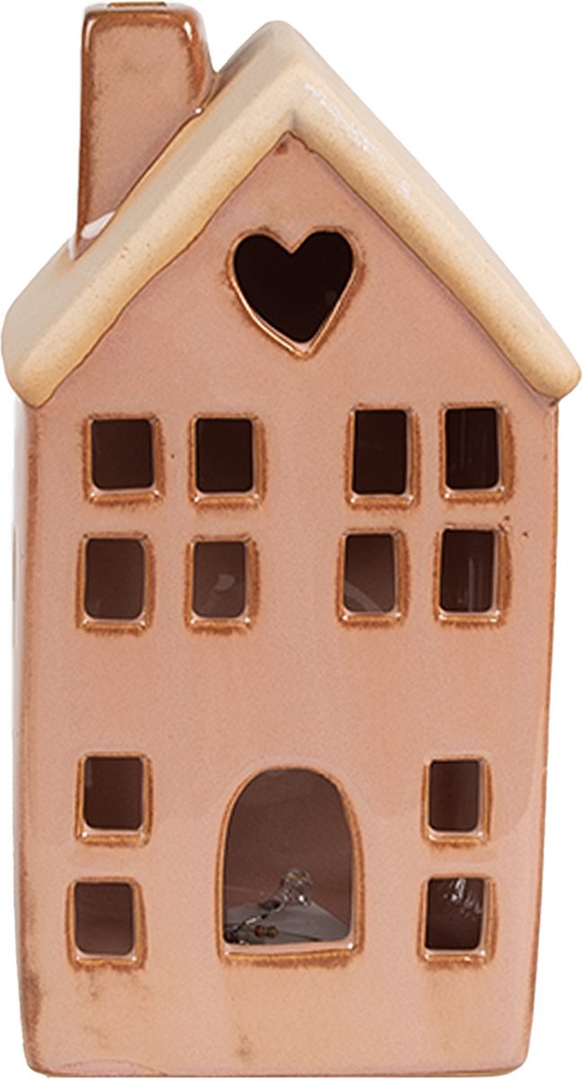 Clayre & Eef Decoratie Huis met LED 6x6x11 cm Bruin Porselein
