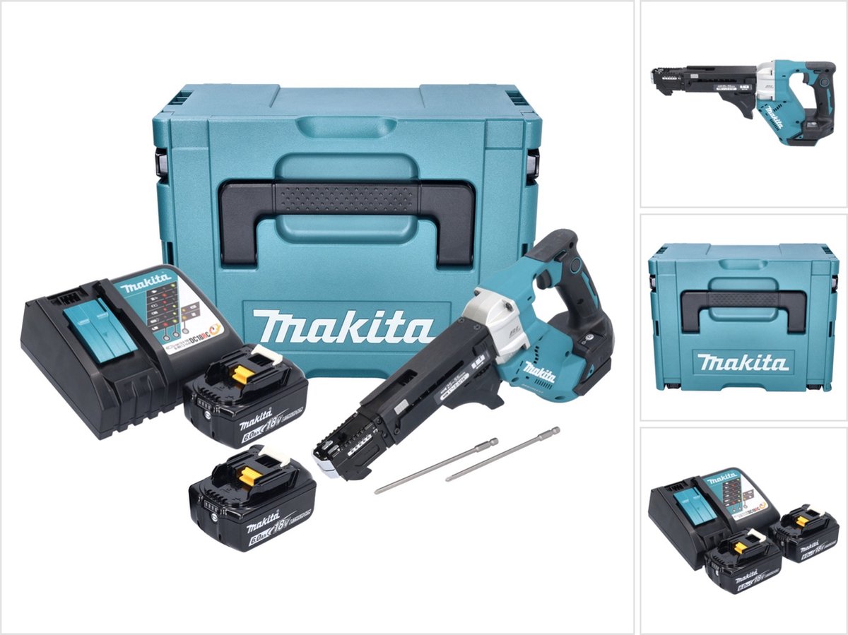 Makita DFR 551 RGJ accu-schroefmachine met magazijn 18 V 25 - 55 mm borstelloos + 2x accu 6,0 Ah + oplader + Makpac