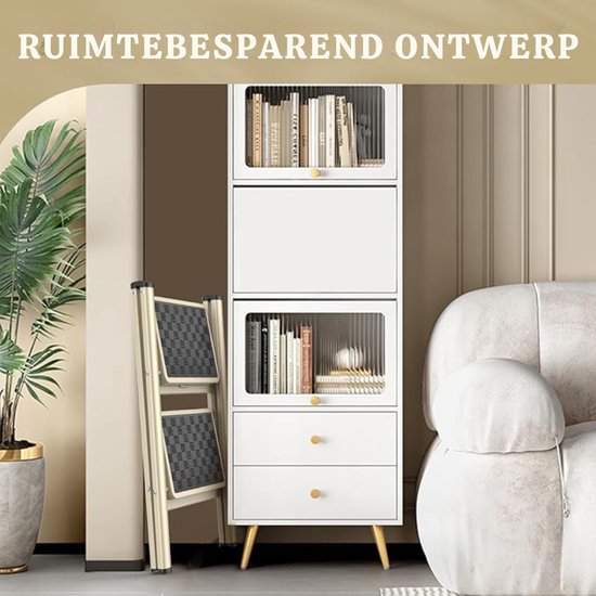 Klaptrede Met 2 Treden, Trapladder, Ladder, 20 Cm Brede Treden Antislip Rubberen Mat Met Handvat Belastbaar Tot 150 Kg Gemaakt Van Staal Gecertificeerd Door Tuv Gs Wit Zwart Gsl02wt