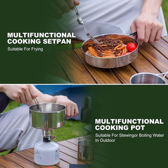 Camping Pan Pot Set met Cup en Servies - Draagbare RVS Cook Gear - Opvouwbare Outdoor Reizen Kookgerei Kit voor Trekking Wandelen Picknick - Bestek Inbegrepen reis waterkoker — afbeelding 3
