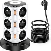 12-Way Power Strip with USB Surge Protection Tower with 4 Switches, Night Light and 3 USB Ports - 3m Cable, 2500W for Office Use