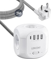 8-in-1 Cube Power Outlet 4 Socket with 3 USB and 1 Type C - Multiple Power Strip with USB Plug Adapter and Switch, 3M Braided Cable