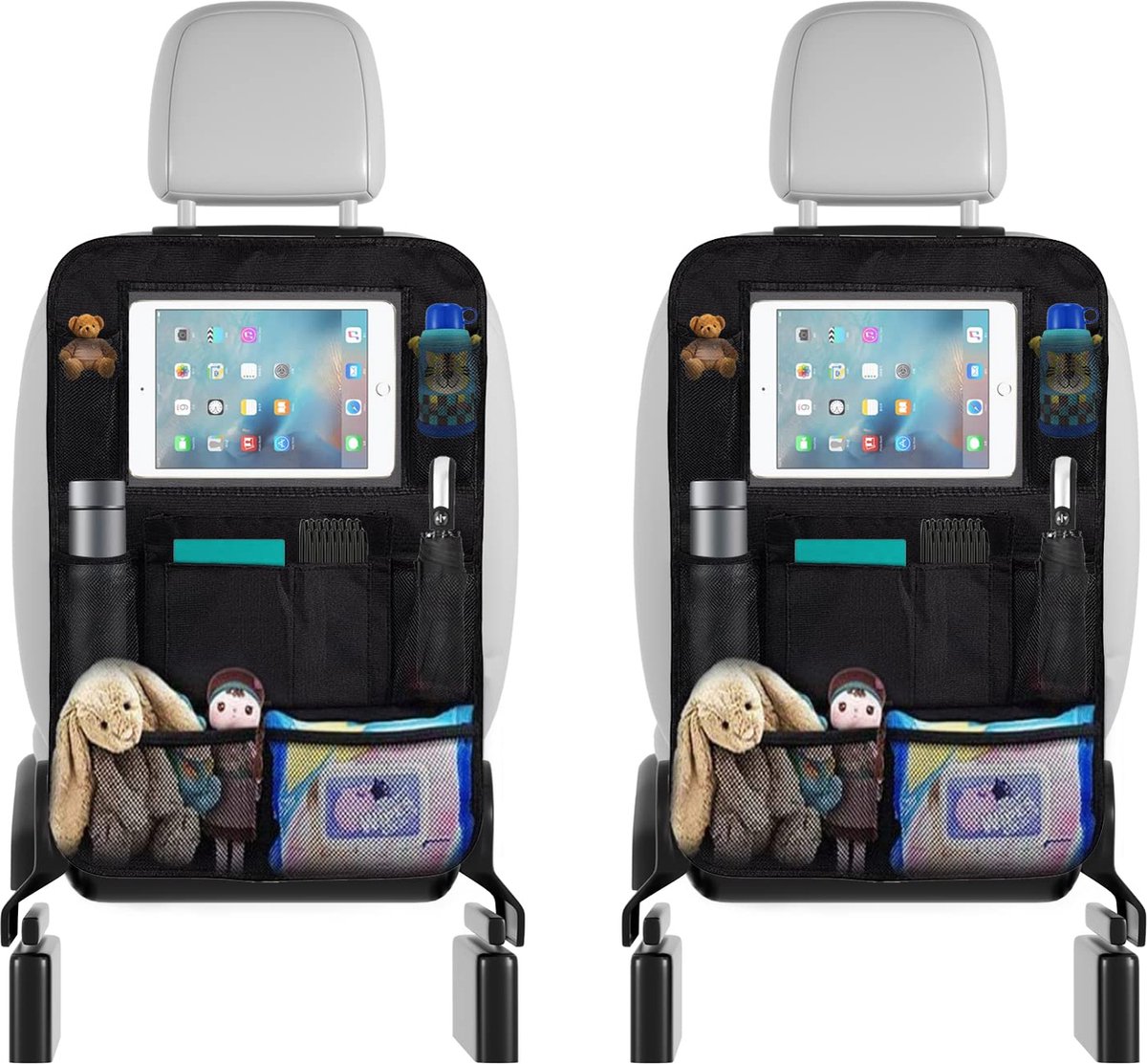 Image of 2 stuks rugleuningbescherming voor de auto, voor kinderen, auto-organizer voor kinderen, autostoel organizer met 10 inch iPad-tas, 600D Oxford-stof, waterdicht, autostoel, achterbank, organizer, 10 vakken, rugleuning, autostoelbeschermer