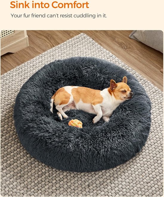 Feandrea donzig hondenbed, kattenmand, donutkussen, wasbaar, uitneembare middenvulling, lang pluche, 100 cm diameter, donkergrijs PGW042G02