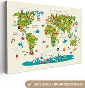 Canvas Wereldkaart - 140x90 - Wanddecoratie Wereldkaart Kinderen - Groen - Dieren