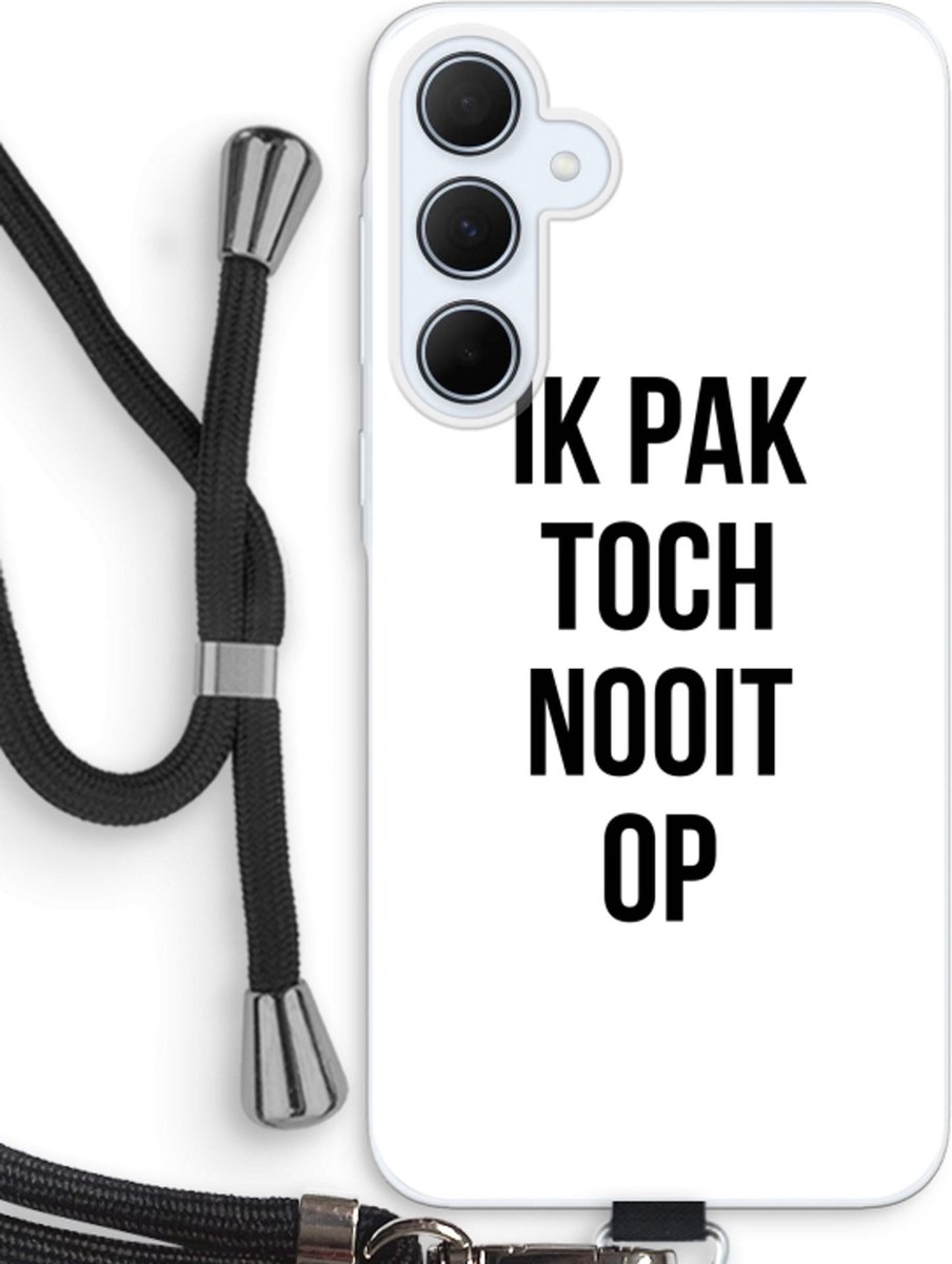 Case Company® - Hoesje met koord geschikt voor Samsung Galaxy A35 hoesje met Koord - Ik pak nooit op - Telefoonhoesje met Zwart Koord - Bescherming aan alle Kanten en Over de Schermrand