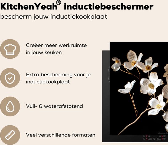 Glazen snijplank met bloemenprint, naast tekst over de eigenschappen.