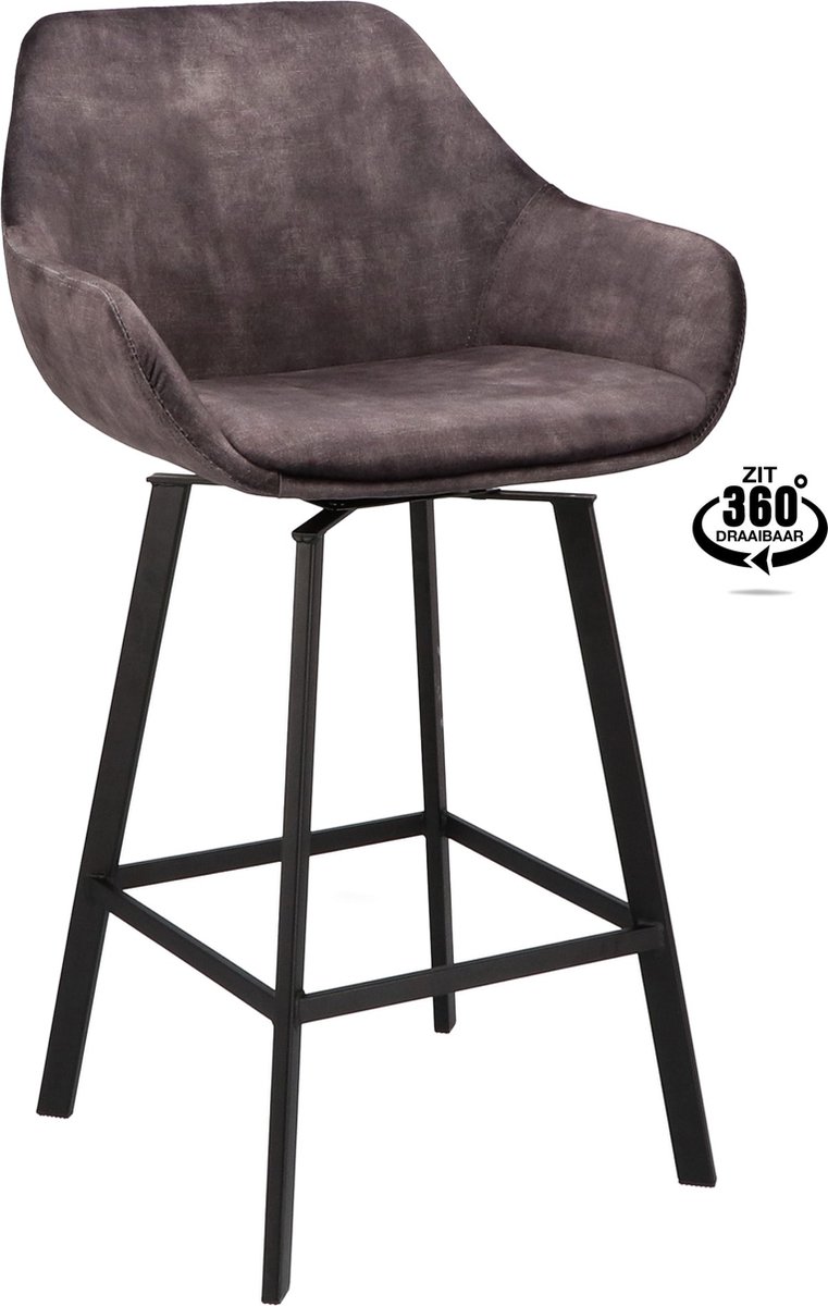 Icon Living - Barkruk Ronan Zithoogte 65 - Velours Adore Anthracite - Poot Zwart
