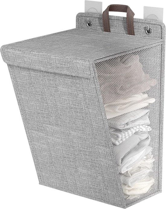 iBright hangende wasmand met Deksel - Inklapbare waszak - 60 Liter - Inclusief Muurbevestiging - Grijs
