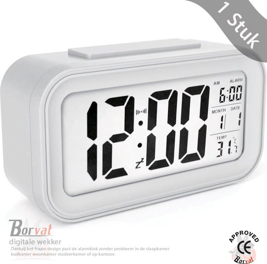 Borvat® - digitale wekker - Alarmklok - Inclusief temperatuurmeter - Met snooze en verlichtingsfunctie - Wit