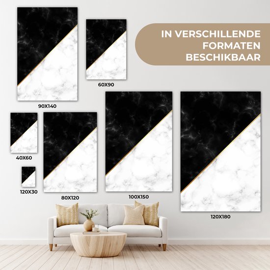 Canvas schilderij 120x180 cm - Wanddecoratie Marmer - Wit - Zwart - Goud - Muurdecoratie woonkamer - Slaapkamer decoratie - Kamer accessoires - Schilderijen op canvas