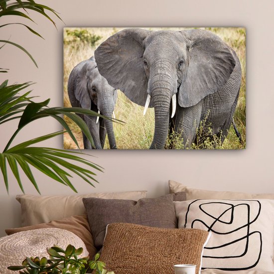 Canvas schilderij 180x120 cm - Wanddecoratie Olifant - Dieren - Gras - Natuur - Muurdecoratie woonkamer - Slaapkamer decoratie - Kamer accessoires - Schilderijen op canvas