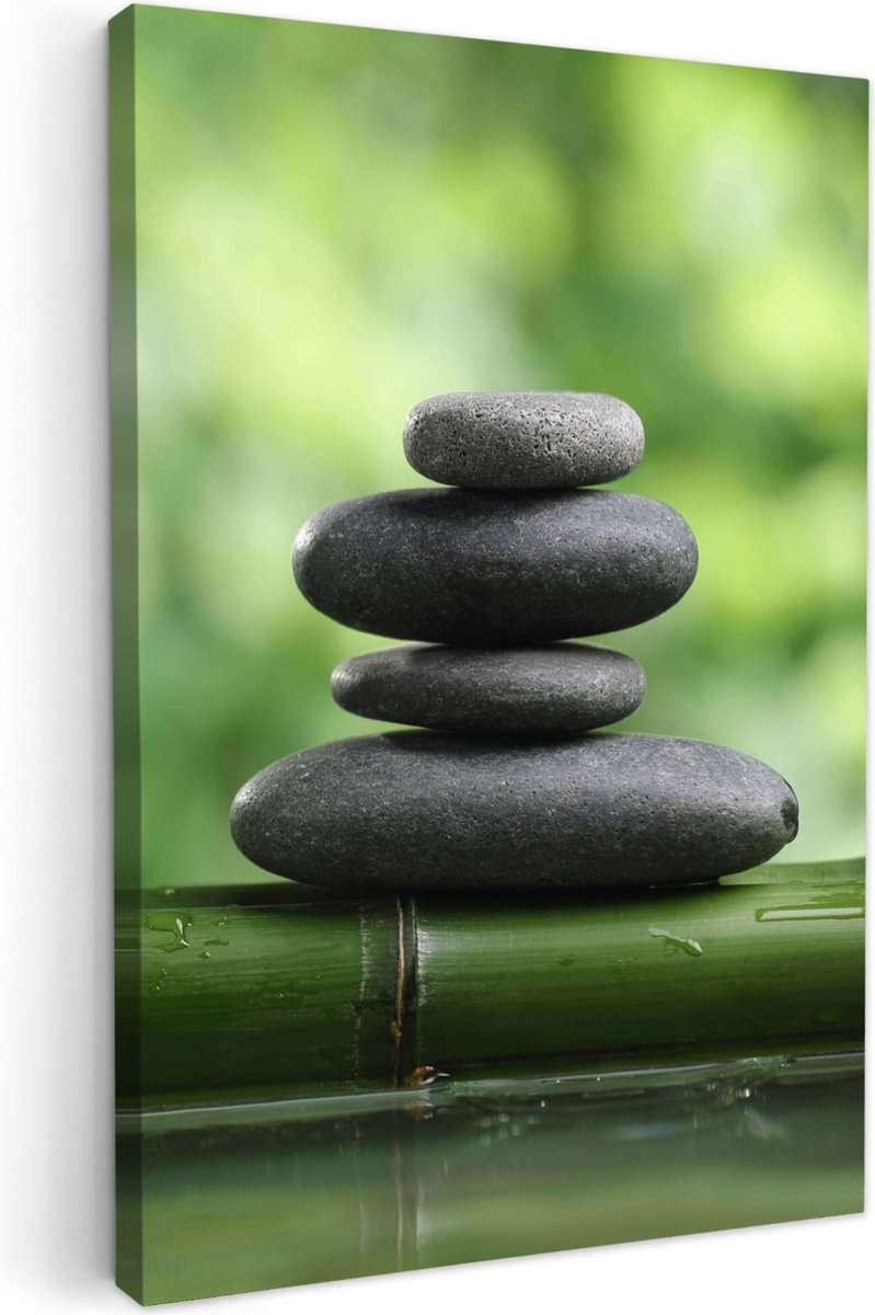 Canvas schilderij 40x60 cm - Wanddecoratie badkamer Zen - Stenen - Groen - Natuur - Bamboe