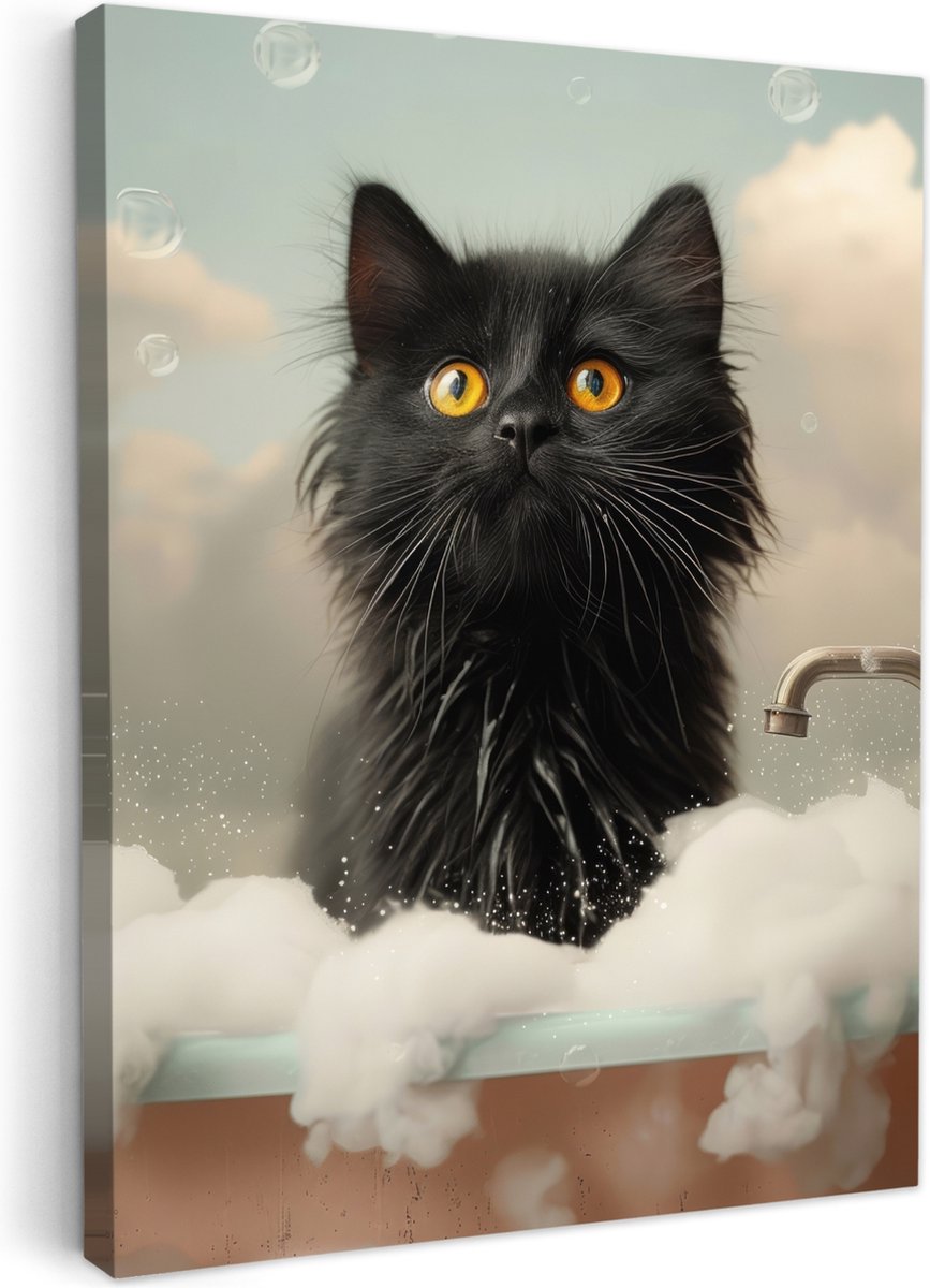 Canvas schilderij 60x80 cm - Wanddecoratie badkamer Kat - Bad - Zwart - Dieren - Schuim -