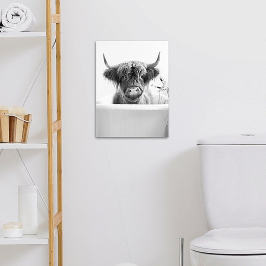 Peinture sur toile 30x40 cm - Décoration murale salle de bain Highlander écossais - Vache - Bain - Zwart et blanc - Décoration murale murale WC - Accessoires décoratifs - Décoration murale Toilettes - Peintures sur toile