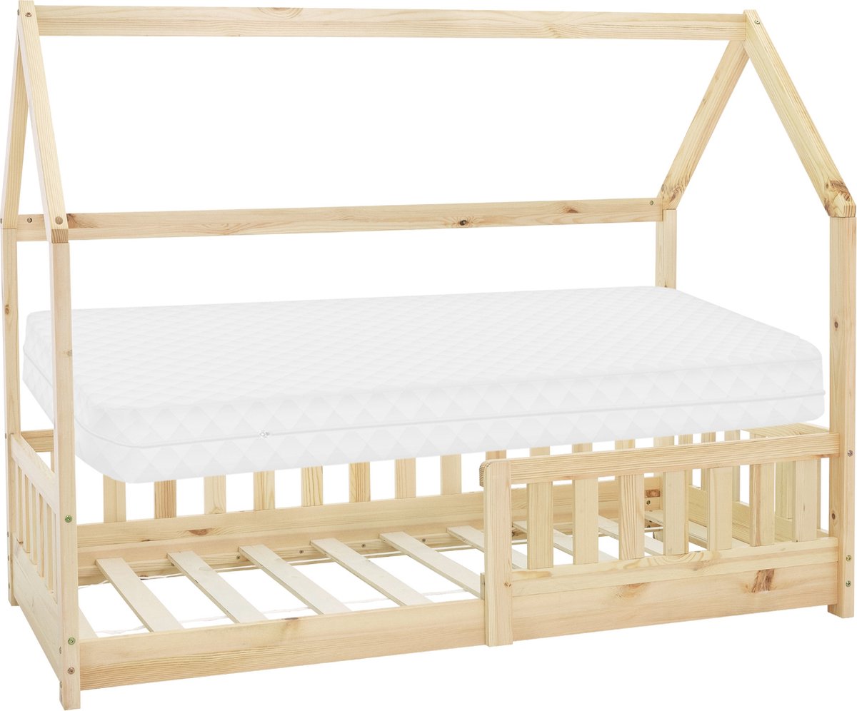 ml-design huisbed serie kinderbed 80x160 cm naturel met dak lattenbodem en koudschuim matras massief grenenhout stabiel houten speelbed voor meisjes en jongens kinderhuis junior bed met valbeveiliging vloerbed in huis design voor kinderkamer