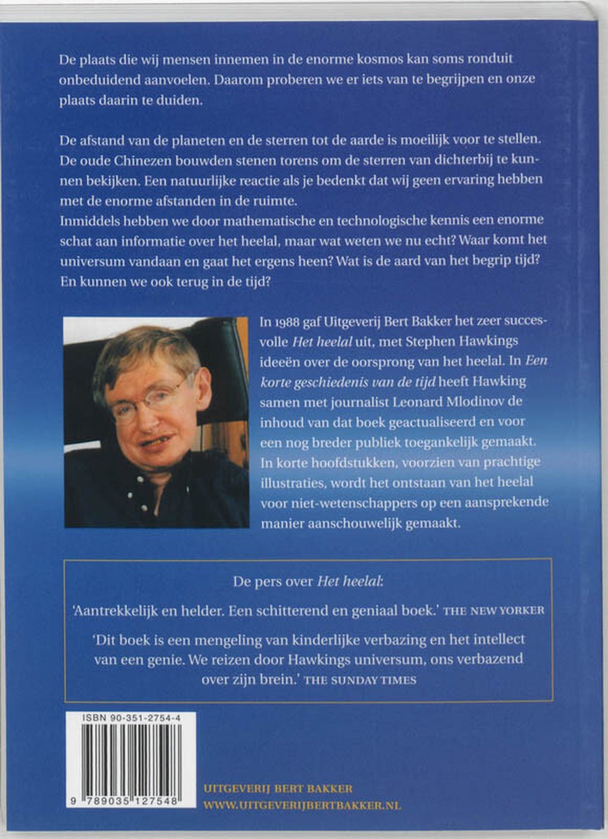 Portret van Stephen Hawking met tekst over het heelal en het boek.