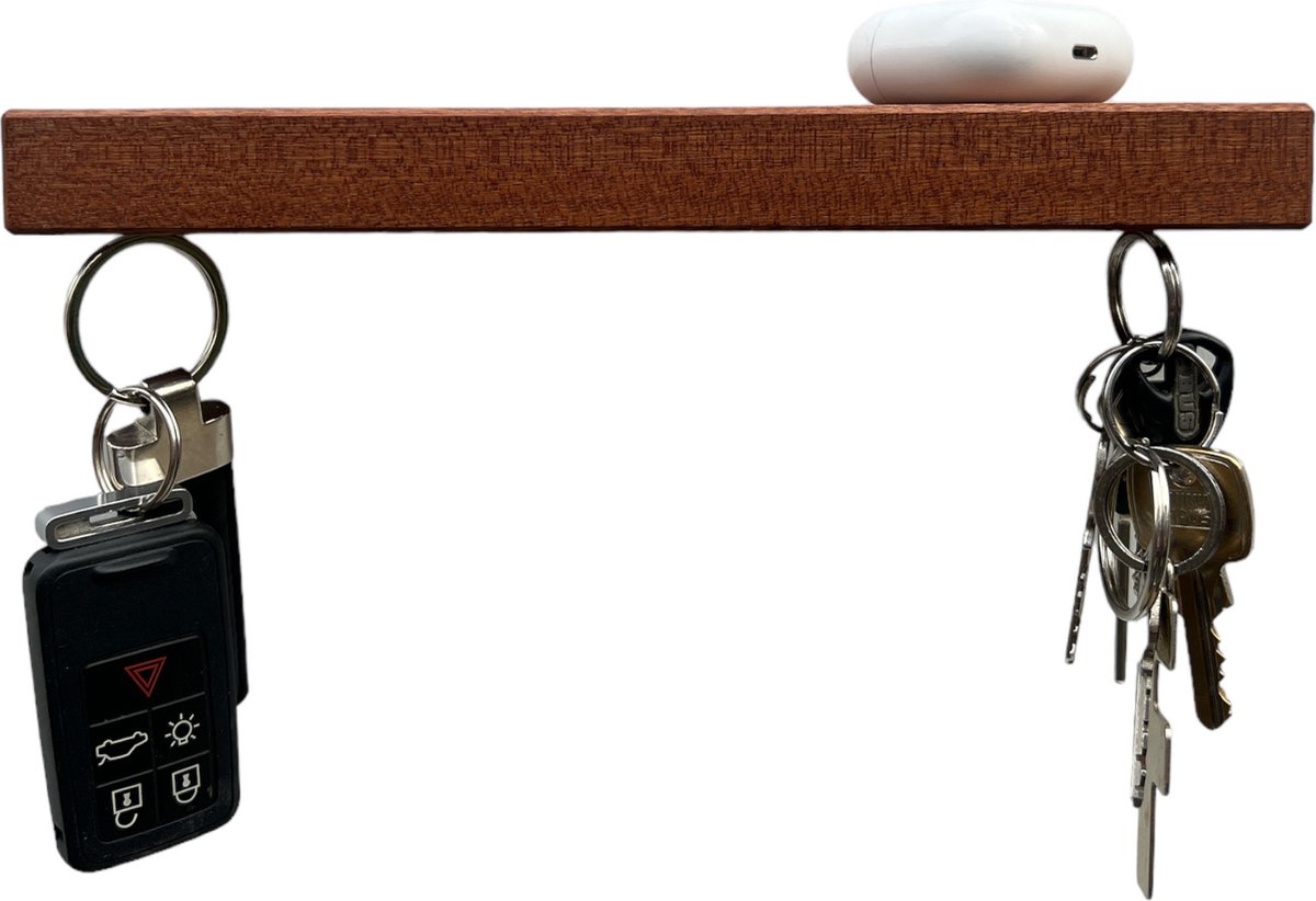 HangKey Plankie X Mahonie - Wandplank Sleutelrekje van Massief Mahoniehout - Sleutelkastje voor Binnen - Houten Sleutelhouder en Organizer - 24,5 x 7 x 2,4 cm