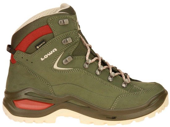 Groene Lowa wandelschoen met beige veters, rode accenten, de tekst 'Gore-Tex' en een beige zool.
