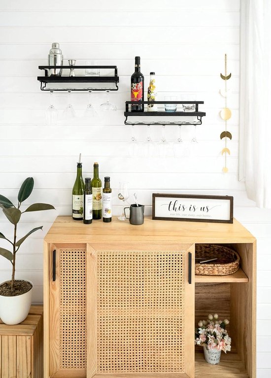 lousriyy Wijnrek met glazen houder, hout, wijnflessenhouder, wandmontage, wijnrek, 61/91 cm, flessenrek, retro wijnglashouder, hangende wandbar voor keuken eetkamer (61 cm