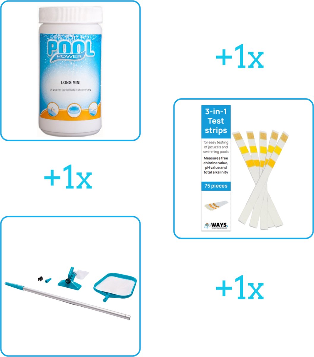 Pool Power Zwembad Onderhoudsbundel Zwembad Onderhoud Starterspakket bevat Chloor Testrips en Schoonmaakset Ideaal voor Opzetzwembaden (3-delig)