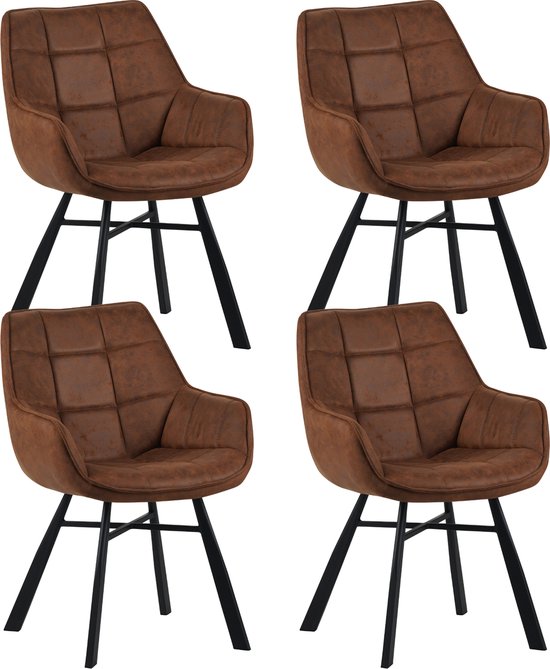 Colenis® - Lenny Eetkamerstoel - Set van 4 - Cognac - Microfiber Stof - Industrieel - Met armleuning