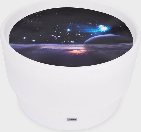 Wit lichtgevend vat met een gedetailleerde ruimte-afbeelding op de bovenrand. Met 'TickIT' logo.
