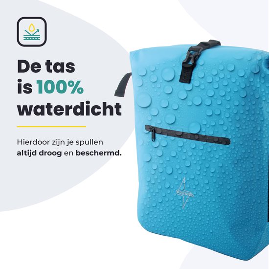 Blauwe fietstas bedekt met waterdruppels, wat de 100% waterdichte eigenschap benadrukt.