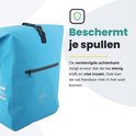 Blauwe fietstas met versterkte achterkant, die stevig blijft en niet doorzakt.
