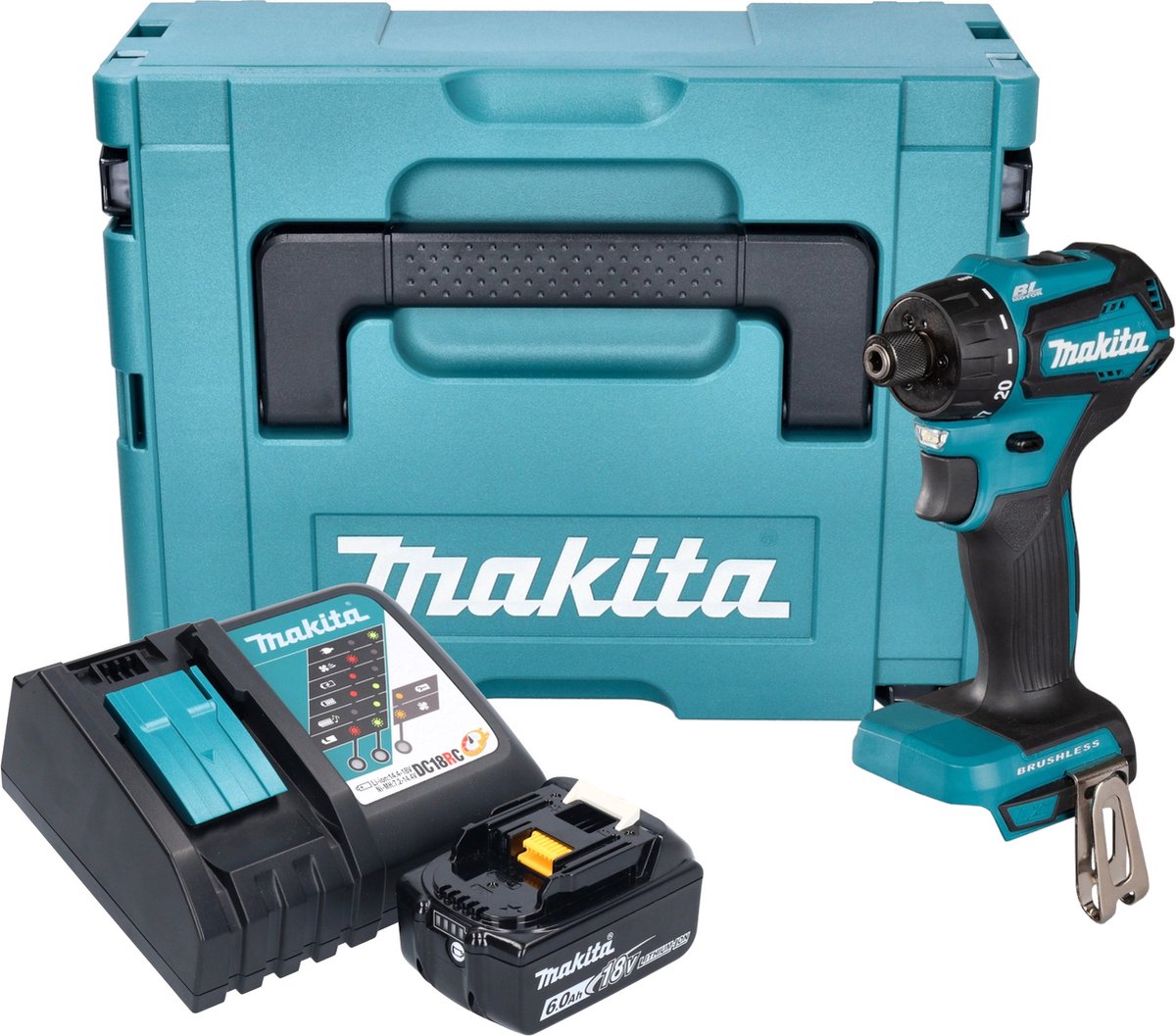 Makita DDF 083 RG1J Accuboormachine 18 V 40 Nm 1/4'' borstelloos + 1x oplaadbare accu 6.0 Ah + lader + Makpac