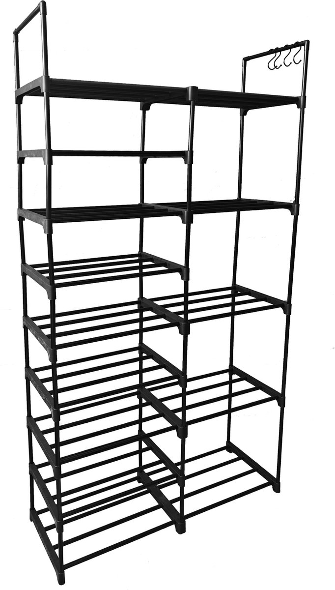 Lendo Online - Opvouwbare Schoenenrek 16 vakken en handige haken - Schoenenkast - Opbergkast - Campingkast - Kampeerkast - 86x31x158cm - Zwart