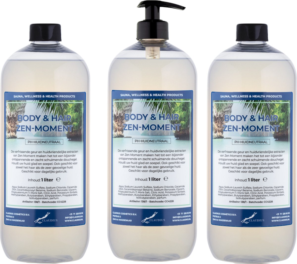 Goedkoopste Body & Hair Zen Moment 1 liter - set van 3 stuks - met gratis pomp - 2 in 1 voor lichaam en haar.