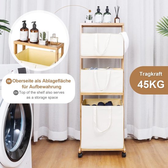 AKSA Home® Wasmand met wieltjes – Wassorteerder met 3 vakken – 160L – Zwart