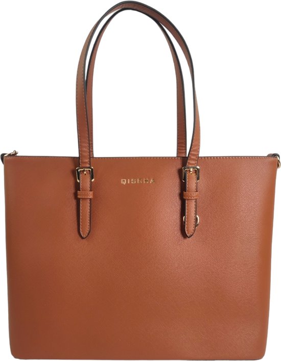 Qischa® - Grand sac à bandoulière/Sac Femme - Saffiano - DELUXE GOLD EDITION - Extra haut - convient aux dossiers A4/ordinateur portable - Idéal pour l'école ou le travail - CAMEL - matériel doré